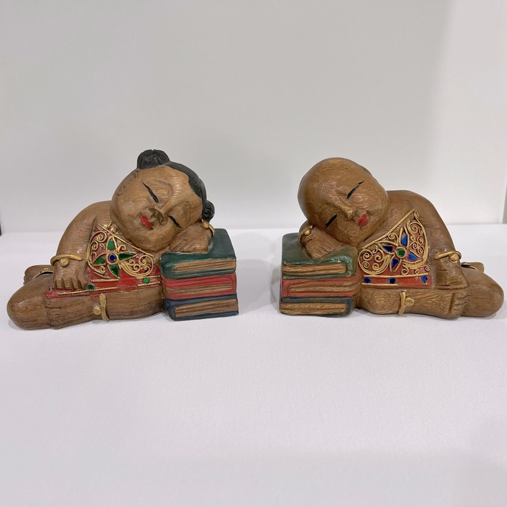 VINTAGE Pair of Hand Carved Painted Solid Wood Sleeping Buddha Bookends Figures